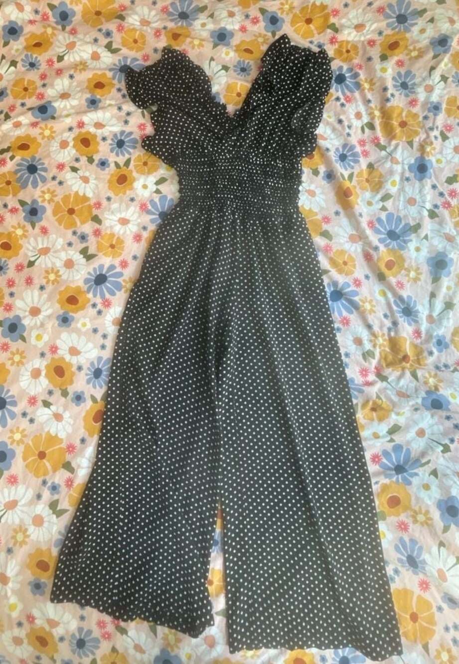 Max Studio Black and White Polka Dot Smocked Waist Wide Leg Jumpsuit